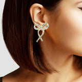 102692, 14K GOLD PLATED, RIBBON BOW CUBIC ZIRCONIA ACCENT EARRING