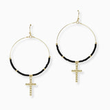 102707, CROSS CHARM SEED BEADED ROUND DANGLE EARRING