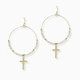102707, CROSS CHARM SEED BEADED ROUND DANGLE EARRING