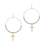 102707, CROSS CHARM SEED BEADED ROUND DANGLE EARRING