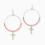 102707, CROSS CHARM SEED BEADED ROUND DANGLE EARRING