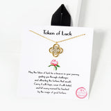 102744, GOLD DIPPED, "TOKEN OF LUCK" CLOVER CHARM CZ NECKLACE