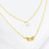 102752, GOLD DIPPED, "ELEVATE" DAINTY BUTTERFLY WITH PEARL DOUBLE LAYERED NECKLACE