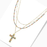 102783, CROSS CHARM BEADED MULTI LAYERED NECKLACE
