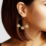 102843, TRIPLE FLOWER ROUND HOOP DANGLE EARRING