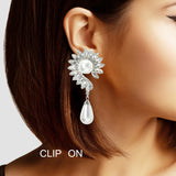 102852, MARQUISE RHINESTONE ACCENT PEARL DANGLE CLIP ON EARRING
