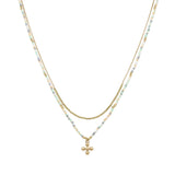 102860, DAINTY CROSS CHARM ACCENT DOUBLE LAYERED BEADED NECKLACE