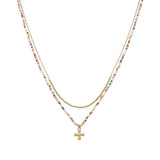102860, DAINTY CROSS CHARM ACCENT DOUBLE LAYERED BEADED NECKLACE