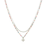 102860, DAINTY CROSS CHARM ACCENT DOUBLE LAYERED BEADED NECKLACE