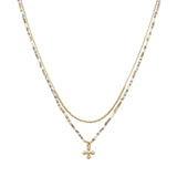 102860, DAINTY CROSS CHARM ACCENT DOUBLE LAYERED BEADED NECKLACE