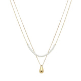 102861, TEARDROP CHARM WITH DAINTY PEARL DOUBLE LAYERED NECKLACE