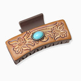 102964, EMBOSSED RECTANGLE TURQUOISE STONE LEATHER RECTANGULAR GRANDER HAIR CLAW