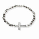 103375, PAVE CUTOUT SIDE CROSS STAINLESS STEEL BALL BEADED STRETCH BRACELET