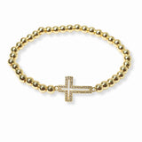 103375, PAVE CUTOUT SIDE CROSS STAINLESS STEEL BALL BEADED STRETCH BRACELET