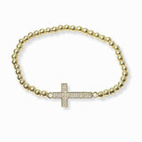 103376, PAVE SIDE CROSS STAINLESS STEEL BALL BEADED STRETCH BRACELET