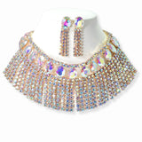 103411, OVAL ACCENT CRYSTAL RHINESTONE TASSEL CHOKER NECKLACE