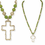 103650, CROSS CHARM WOOD BEADED LONG PENDANT NECKLACE