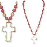 103650, CROSS CHARM WOOD BEADED LONG PENDANT NECKLACE