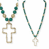 103650, CROSS CHARM WOOD BEADED LONG PENDANT NECKLACE