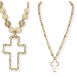 103650, CROSS CHARM WOOD BEADED LONG PENDANT NECKLACE