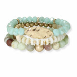 103672, HAMMERED MARQUISE ACCENT MULTI LAYERED BEADED STRETCH BRACELET