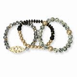 103672, HAMMERED MARQUISE ACCENT MULTI LAYERED BEADED STRETCH BRACELET