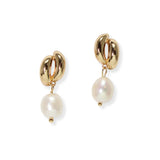 103832, ELEGANT METAL ACCENT FRESHWATER PEARL DANGLE EARRING