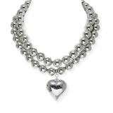 104209, PUFFY HEART CHARM BALL BEADED 2PC NECKLACE SET