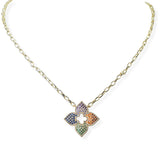 104444, 14K GOLD PLATED, CLOVER MICRO PAVE CUBIC ZIRCONIA PENDANT NECKLACE