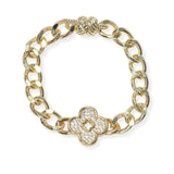 104446, 14K GOLD PLATED, CLOVER PAVE CUBIC ZIRCONIA DESIGNER INSPIRED CHAIN MAGNETIC BRACELET