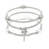 104458, CROSS CHARM MULTI LAYERED PEARL BEADED STRETCH BRACELET