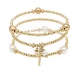 104458, CROSS CHARM MULTI LAYERED PEARL BEADED STRETCH BRACELET