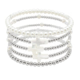 104619, SHELL CROSS MULTI LAYERED PEARL WITH BEADED STRETCH BRACELET