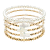 104619, SHELL CROSS MULTI LAYERED PEARL WITH BEADED STRETCH BRACELET