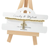 104722, CROSS CHARM STAINLESS STEEL BEADED STRETCH BRACELET