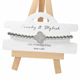 104725, PAVE CLOVER STAINLESS STEEL BEADED STRETCH BRACELET