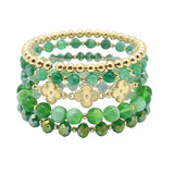 104792, TRIPLE CLOVER ACCENT MULTI LAYERED MIX BEADED STRETCH BRACELET