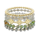 104792, TRIPLE CLOVER ACCENT MULTI LAYERED MIX BEADED STRETCH BRACELET