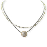 104826, 14K GOLD PLATED, ROUND MICRO PAVE DOUBLE LAYERED DESIGNER INSPIRED NECKLACE