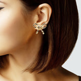104865, RIBBON BOW BRASS SQUARE BEADED STUD EARRING
