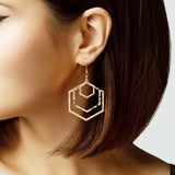 104872, HAMMERED HEXAGON GEOMETRIC METAL DANGLE EARRING