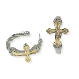 104903, 14K GOLD PLATED, CROSS ACCENT DESIGNER INSPIRED HOOP EARRING