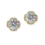 104908, 14K GOLD PLATED, FLOWER CUBIC ZIRCONIA DESIGNER INSPIRED STUD EARRING