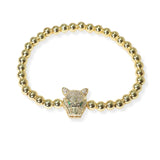 104926, 14K GOLD PLATED, PANTHER CUBIC ZIRCONIA ACCENT BEADED DESIGNER INSPIRED STRETCH BRACELET