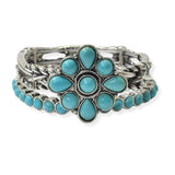 104965, WESTERN GEOMETRIC FLOWER ACCENT MULTI LAYERED STRETCH BRACELET