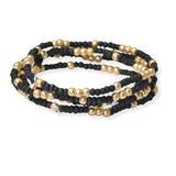 105061, DAINTY WOOD BEADED WITH BALL ACCENT MULTI LAYERED STRETCH BRACELET
