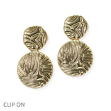 105108, TEXTURED ROUND METAL DANGLE CLIP ON EARRING