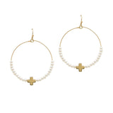 105148, CROSS ACCENT WITH PEARL BEAD ROUND DANGLE EARRING