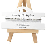 105221, CROSS WITH PEARL ACCENT STAINLESS STEEL BEADED STRETCH BRACELET
