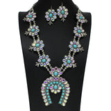 105280, WESTERN RHINESTONE WITH TURQUOISE STONE ACCENT SQUASH BLOSSOM STATEMENT NECKLACE